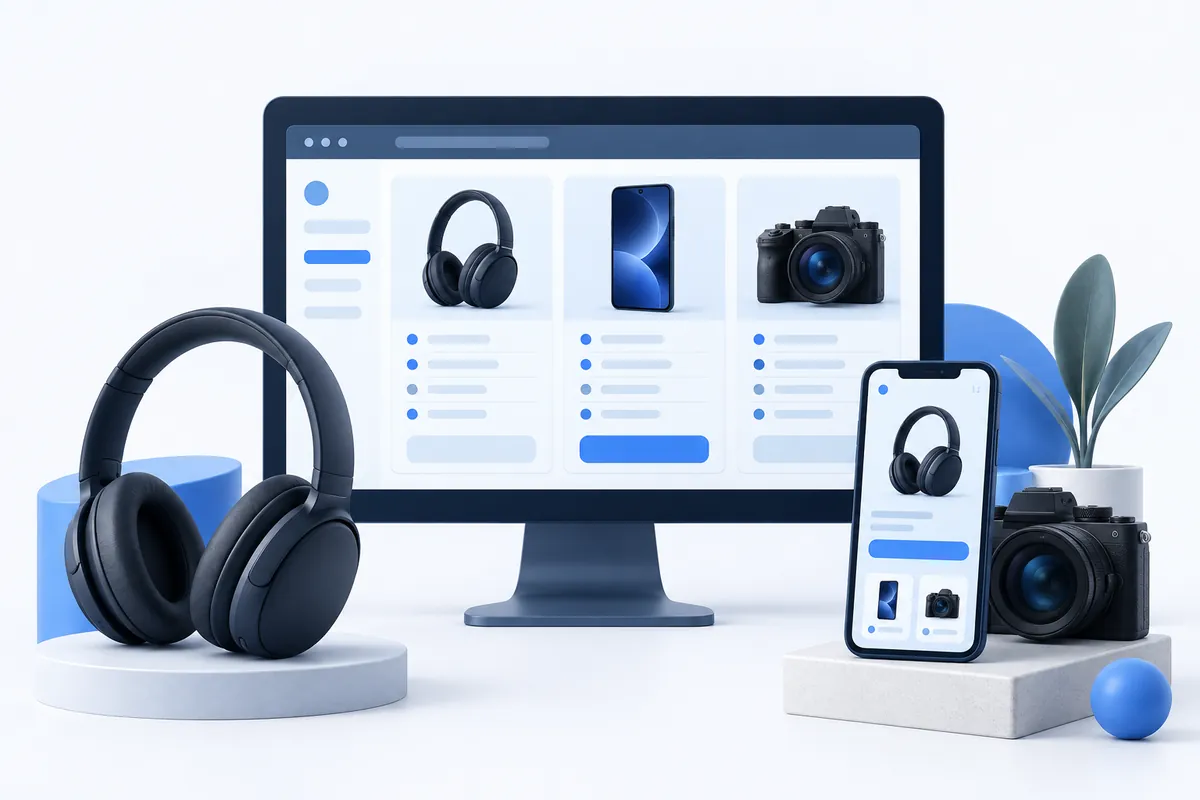 تصویر مفهومی سایت دیجیتال و لوازم الکترونیکی در دسکتاپ و موبایل
