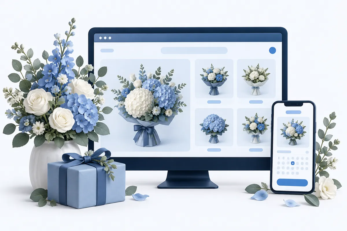 تصویر مفهومی سایت گلفروشی و هدیه در دسکتاپ و موبایل