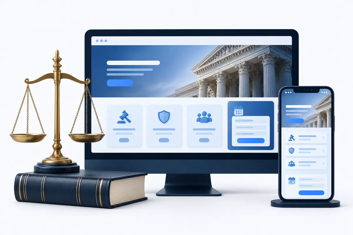 تصویر مفهومی سایت وکیل و مؤسسه حقوقی در دسکتاپ و موبایل